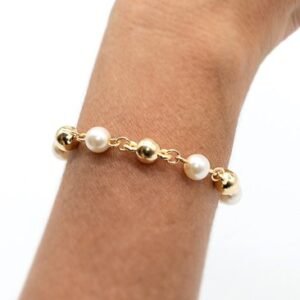 Pulseira Bolas Intercaladas com Pérolas Banhada em Ouro 18K