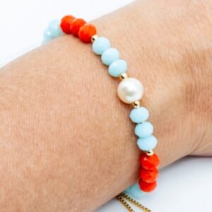 Pulseira Zircônias Coloridas e Pérola com Fecho Gravata Banhado em Ouro 18K