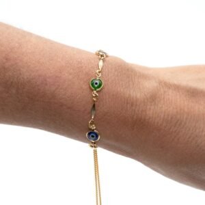 Pulseira Olhos Gregos Coloridos com Fecho Gravata Banhada em Ouro 18K