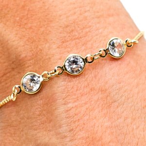 Pulseira com 3 Zircônias Redondas Cristal Banhada em Ouro 18K