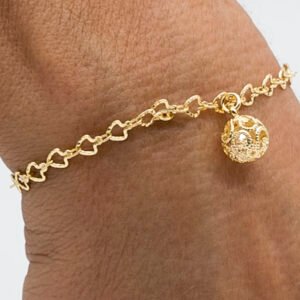 Pulseira Pingente Bola Vazada Pequena com Zircônias no Interior Banhada em Ouro 18K