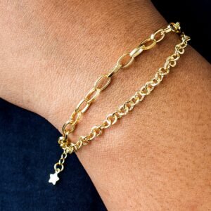 Pulseira Corrente Dupla com Elos Grandes e Circulares Banhada em Ouro 18K