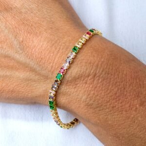Pulseira Zircônias Coloridas Quadradas Banhada em Ouro 18K
