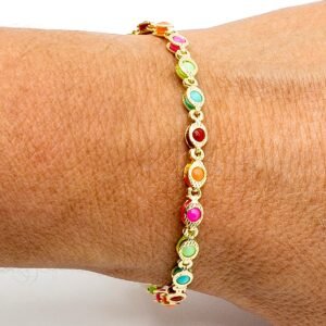 Pulseira Zircônia Bolinhas Coloridas Banhado em Ouro 18K
