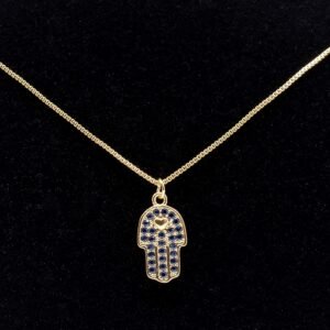 Colar Mão de Fátima Cravejado com Zircônia Azul Banhado em Ouro 18K