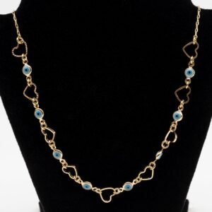 Colar Corações Intercalados com Olhos Gregos Banhado em Ouro 18K