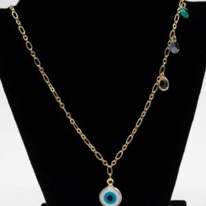 Colar Olho Grego e Zircônias Coloridas Penduradas na Corrente Banhado em Ouro 18K
