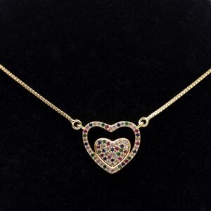 Colar Coração com Borda e Meio Cravejados com Zircônias Coloridas Banhado em Ouro 18K