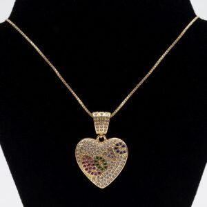 Colar Coração Love Cravejado Zircônia Colorida e Cristal Banhado em Ouro 18K