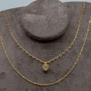 Colar Corrente Dupla com Coração Zircônia e Borda Trabalhada Banhado em Ouro 18K