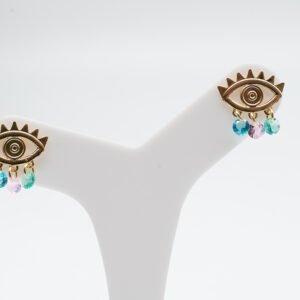 Brinco Olho Grego Liso com Zircônias Coloridas Penduradas Banhado em Ouro 18K