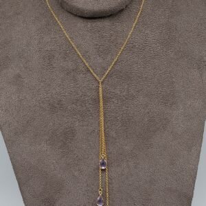 Colar Cascata com 3 Zircônias Roxas Penduradas Banhado em Ouro 18K