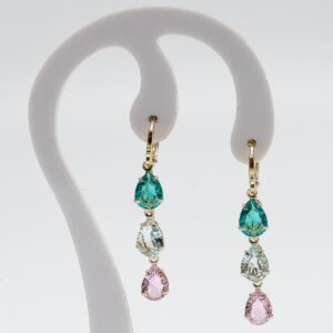 Brinco Fios Zircônias Verde, Cristal e Rosa Banhado em Ouro 18K