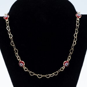 Colar Corrente de Corações e Olhos Gregos Vermelhos Banhado em Ouro 18K