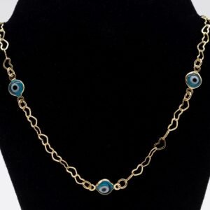 Colar Corrente de Corações e Olhos Gregos Azuis Banhado em Ouro 18K