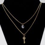 Colar Corrente Dupla com Chave Cravejada e Zircônia Cristal Banhado em Ouro 18K