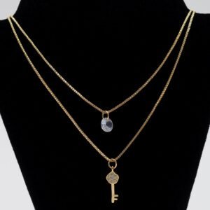 Colar Corrente Dupla com Chave Cravejada e Zircônia Cristal Banhado em Ouro 18K