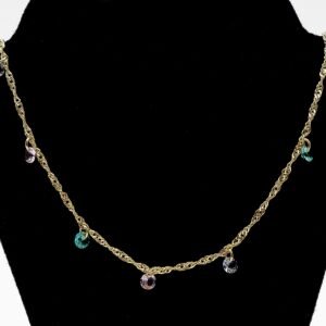 Colar Corrente Torcida com Zircônias Coloridas Penduradas Banhado em Ouro 18K