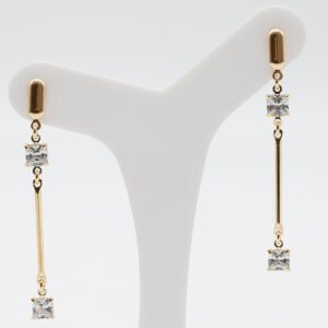 Brinco Pendurado com Duas Zircônias Cristal Quadrada Banhado em Ouro 18K