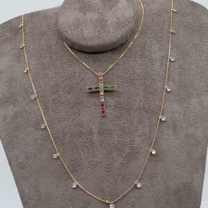 Colar Corrente Dupla com Cruz Colorida e Zircônias Cristal Banhado em Ouro 18K