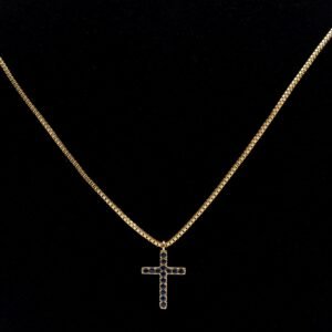 Colar Mini Cruz Cravejada com Zircônia Azul Banhado em Ouro 18K