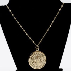 Colar Corrente Com Bolinhas e Pingente São Bento Banhado em Ouro 18K