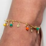 Tornozeleira Zircônias Coloridas Intercaladas com Gotas Banhada em Ouro 18K