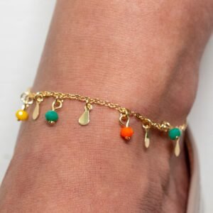 Tornozeleira Zircônias Coloridas Intercaladas com Gotas Banhada em Ouro 18K