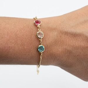 Pulseira com 3 Zircônias Redondas Coloridas Banhada em Ouro 18K