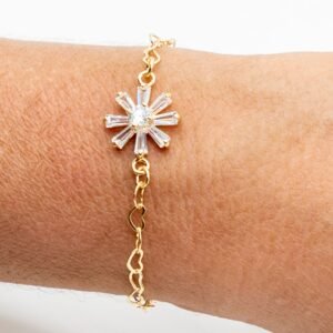 Pulseira Corrente de Coração e Estrela Zircônia Cristal Banhada em Ouro 18K