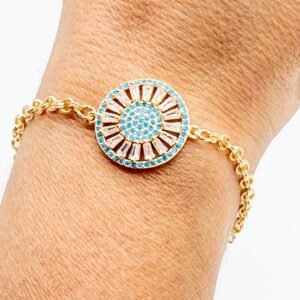 Pulseira Roda Cravejada Zircônia Azul e Cristal Banhada em Ouro 18K