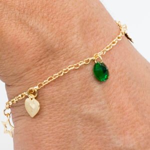 Pulseira Estrela, Coração e Zircônia Verde Banhada em Ouro 18K