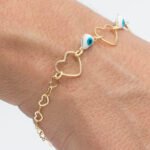 Pulseira de Coração e Olhos Gregos em Formato de Coração Banhada em Ouro 18K