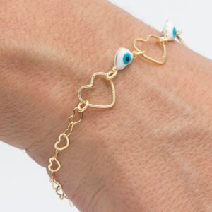Pulseira de Coração e Olhos Gregos em Formato de Coração Banhada em Ouro 18K