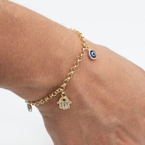 Pulseira Mão de Fátima Cravejada e Olhos Gregos Banhado em Ouro 18K