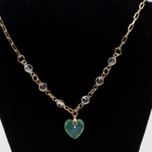 Colar Corrente com Zircônias Cristal e Pingente Coração de Zircônia Verde Tiffany Banhado em Ouro 18K