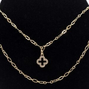 Colar Corrente Dupla com Trevo Cravejado Banhado em Ouro 18K