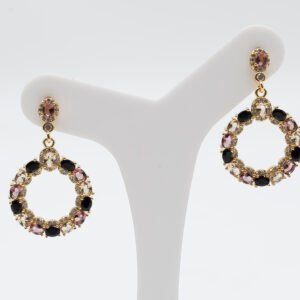 Brinco Luxo Círculo Colorido com Zircônia (preta, rosa e cristal) Banhado em Ouro 18K