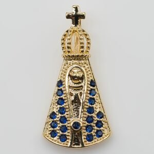 Pingente Santa com Cruz Pequena Cravejada com Zircônia Azul Banhado em Ouro 18K