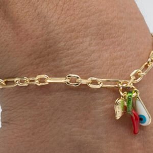 Pulseira Olho Grego, Pimenta e Coração Banhada em Ouro 18K