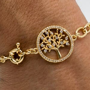 Pulseira Círculo e Árvore da Vida Cravejados com Fecho de Bóia Banhada em Ouro 18K