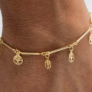 Pulseira Corrente Reta com Pequenas Árvores Penduradas Banhada em Ouro 18K