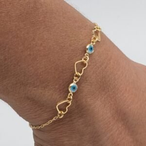 Pulseira Corações e Mini Olhos Gregos Banhada em Ouro 18K