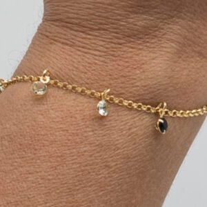 Pulseira Zircônias Cristal e Preta Penduradas Banhada em Ouro 18K