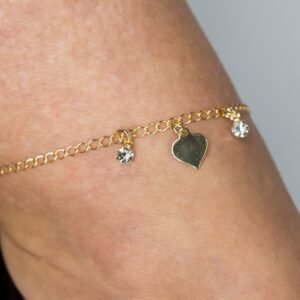 Tornozeleira Coração e Dois Pontos de Luz Banhada em Ouro 18K