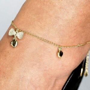 Tornozeleira Laço e Corações Banhada em Ouro 18K