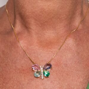 Colar Borboleta Zircônias Coloridas e Cristal Banhado em Ouro 18K