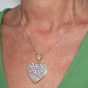 Colar Luxo Coração Cravejado de Zircônia Colorida Banhado em Ouro 18K