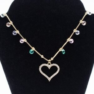 Colar Zircônias Coloridas na Corrente e Coração Cravejado Banhado em Ouro 18K