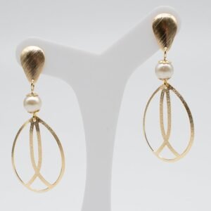 Brinco Navete Estilizado com Pérola e Base Oval Banhado em Ouro 18K